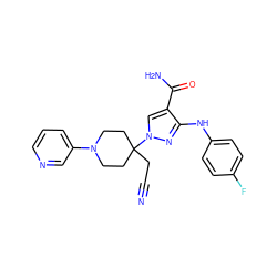 N#CCC1(n2cc(C(N)=O)c(Nc3ccc(F)cc3)n2)CCN(c2cccnc2)CC1 ZINC000204932202