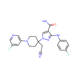 N#CCC1(n2cc(C(N)=O)c(Nc3ccc(F)cc3)n2)CCN(c2cncc(F)c2)CC1 ZINC000205023135