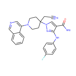 N#CCC1(n2cc(C(N)=O)c(Nc3ccc(F)cc3)n2)CCN(c2cncc3ccccc23)CC1 ZINC000205023057