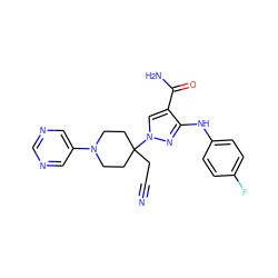 N#CCC1(n2cc(C(N)=O)c(Nc3ccc(F)cc3)n2)CCN(c2cncnc2)CC1 ZINC000205058612