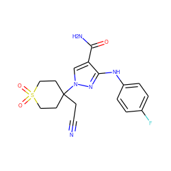 N#CCC1(n2cc(C(N)=O)c(Nc3ccc(F)cc3)n2)CCS(=O)(=O)CC1 ZINC000222093194