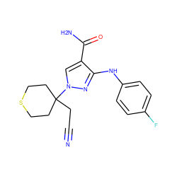 N#CCC1(n2cc(C(N)=O)c(Nc3ccc(F)cc3)n2)CCSCC1 ZINC000204980462