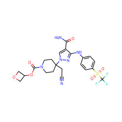 N#CCC1(n2cc(C(N)=O)c(Nc3ccc(S(=O)(=O)C(F)(F)F)cc3)n2)CCN(C(=O)OC2COC2)CC1 ZINC000219242507