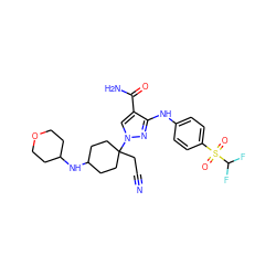 N#CCC1(n2cc(C(N)=O)c(Nc3ccc(S(=O)(=O)C(F)F)cc3)n2)CCC(NC2CCOCC2)CC1 ZINC000220994203