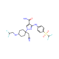 N#CCC1(n2cc(C(N)=O)c(Nc3ccc(S(=O)(=O)C(F)F)cc3)n2)CCC(NCC(F)F)CC1 ZINC000220987004