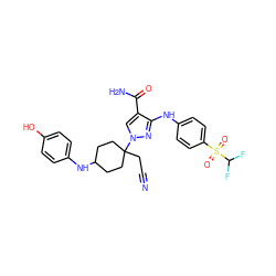 N#CCC1(n2cc(C(N)=O)c(Nc3ccc(S(=O)(=O)C(F)F)cc3)n2)CCC(Nc2ccc(O)cc2)CC1 ZINC000220989680