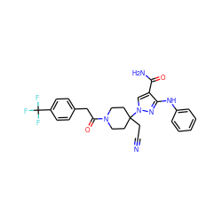 N#CCC1(n2cc(C(N)=O)c(Nc3ccccc3)n2)CCN(C(=O)Cc2ccc(C(F)(F)F)cc2)CC1 ZINC000222096585