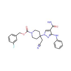 N#CCC1(n2cc(C(N)=O)c(Nc3ccccc3)n2)CCN(C(=O)OCc2cccc(F)c2)CC1 ZINC000222101285