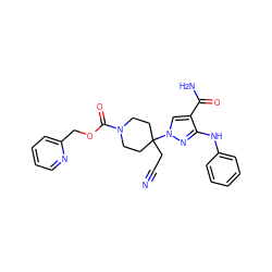 N#CCC1(n2cc(C(N)=O)c(Nc3ccccc3)n2)CCN(C(=O)OCc2ccccn2)CC1 ZINC000222074470