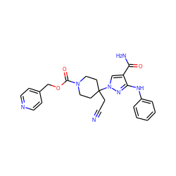 N#CCC1(n2cc(C(N)=O)c(Nc3ccccc3)n2)CCN(C(=O)OCc2ccncc2)CC1 ZINC000220993639