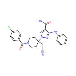 N#CCC1(n2cc(C(N)=O)c(Nc3ccccc3)n2)CCN(C(=O)c2ccc(Cl)cc2)CC1 ZINC000222076533