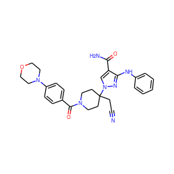 N#CCC1(n2cc(C(N)=O)c(Nc3ccccc3)n2)CCN(C(=O)c2ccc(N3CCOCC3)cc2)CC1 ZINC000220999833