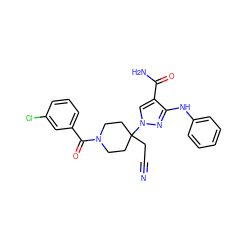 N#CCC1(n2cc(C(N)=O)c(Nc3ccccc3)n2)CCN(C(=O)c2cccc(Cl)c2)CC1 ZINC000222076698