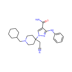 N#CCC1(n2cc(C(N)=O)c(Nc3ccccc3)n2)CCN(CC2CCCCC2)CC1 ZINC000222095634