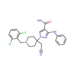 N#CCC1(n2cc(C(N)=O)c(Nc3ccccc3)n2)CCN(Cc2c(Cl)cccc2Cl)CC1 ZINC000221008783