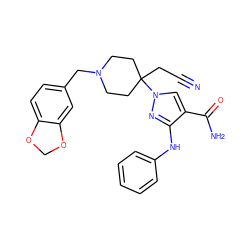 N#CCC1(n2cc(C(N)=O)c(Nc3ccccc3)n2)CCN(Cc2ccc3c(c2)OCO3)CC1 ZINC000220953661