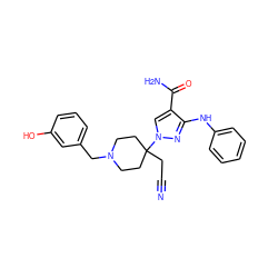 N#CCC1(n2cc(C(N)=O)c(Nc3ccccc3)n2)CCN(Cc2cccc(O)c2)CC1 ZINC000222095392