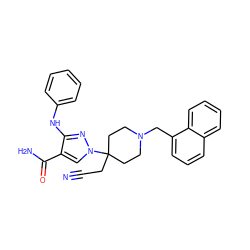 N#CCC1(n2cc(C(N)=O)c(Nc3ccccc3)n2)CCN(Cc2cccc3ccccc23)CC1 ZINC000222095476