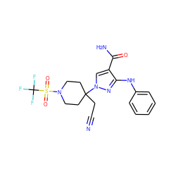 N#CCC1(n2cc(C(N)=O)c(Nc3ccccc3)n2)CCN(S(=O)(=O)C(F)(F)F)CC1 ZINC000221010770