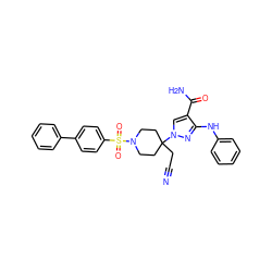 N#CCC1(n2cc(C(N)=O)c(Nc3ccccc3)n2)CCN(S(=O)(=O)c2ccc(-c3ccccc3)cc2)CC1 ZINC000220966051