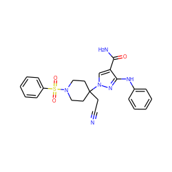 N#CCC1(n2cc(C(N)=O)c(Nc3ccccc3)n2)CCN(S(=O)(=O)c2ccccc2)CC1 ZINC000220974201