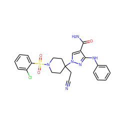 N#CCC1(n2cc(C(N)=O)c(Nc3ccccc3)n2)CCN(S(=O)(=O)c2ccccc2Cl)CC1 ZINC000222090871