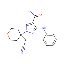 N#CCC1(n2cc(C(N)=O)c(Nc3ccccc3)n2)CCOCC1 ZINC000204980429