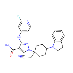 N#CCC1(n2cc(C(N)=O)c(Nc3ccnc(F)c3)n2)CCC(N2CCc3ccccc32)CC1 ZINC000219343452