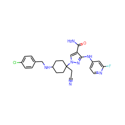 N#CCC1(n2cc(C(N)=O)c(Nc3ccnc(F)c3)n2)CCC(NCc2ccc(Cl)cc2)CC1 ZINC000219337943