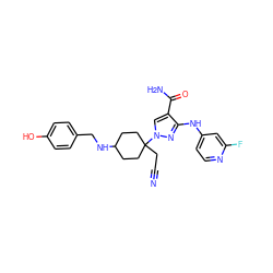 N#CCC1(n2cc(C(N)=O)c(Nc3ccnc(F)c3)n2)CCC(NCc2ccc(O)cc2)CC1 ZINC000220994126