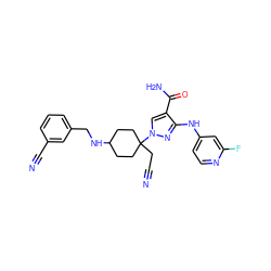 N#CCC1(n2cc(C(N)=O)c(Nc3ccnc(F)c3)n2)CCC(NCc2cccc(C#N)c2)CC1 ZINC000219279833