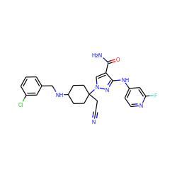 N#CCC1(n2cc(C(N)=O)c(Nc3ccnc(F)c3)n2)CCC(NCc2cccc(Cl)c2)CC1 ZINC000219342892