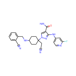 N#CCC1(n2cc(C(N)=O)c(Nc3ccnc(F)c3)n2)CCC(NCc2ccccc2C#N)CC1 ZINC000219268172