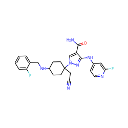 N#CCC1(n2cc(C(N)=O)c(Nc3ccnc(F)c3)n2)CCC(NCc2ccccc2F)CC1 ZINC000220995200