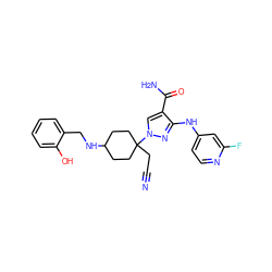 N#CCC1(n2cc(C(N)=O)c(Nc3ccnc(F)c3)n2)CCC(NCc2ccccc2O)CC1 ZINC000220987089