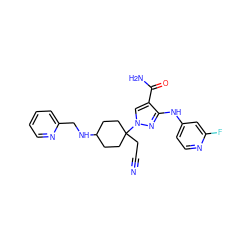 N#CCC1(n2cc(C(N)=O)c(Nc3ccnc(F)c3)n2)CCC(NCc2ccccn2)CC1 ZINC000220948555