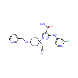 N#CCC1(n2cc(C(N)=O)c(Nc3ccnc(F)c3)n2)CCC(NCc2cccnc2)CC1 ZINC000221043049