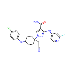 N#CCC1(n2cc(C(N)=O)c(Nc3ccnc(F)c3)n2)CCC(Nc2ccc(Cl)cc2)CC1 ZINC000219334598