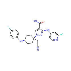 N#CCC1(n2cc(C(N)=O)c(Nc3ccnc(F)c3)n2)CCC(Nc2ccc(F)cc2)CC1 ZINC000219227814