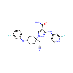 N#CCC1(n2cc(C(N)=O)c(Nc3ccnc(F)c3)n2)CCC(Nc2cccc(F)c2)CC1 ZINC000219254803