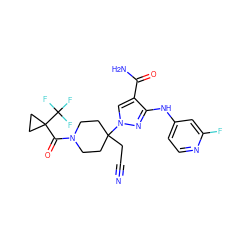 N#CCC1(n2cc(C(N)=O)c(Nc3ccnc(F)c3)n2)CCN(C(=O)C2(C(F)(F)F)CC2)CC1 ZINC000220964017