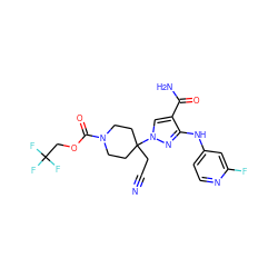 N#CCC1(n2cc(C(N)=O)c(Nc3ccnc(F)c3)n2)CCN(C(=O)OCC(F)(F)F)CC1 ZINC000218409720