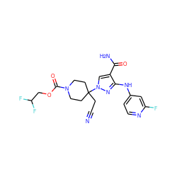 N#CCC1(n2cc(C(N)=O)c(Nc3ccnc(F)c3)n2)CCN(C(=O)OCC(F)F)CC1 ZINC000222100508