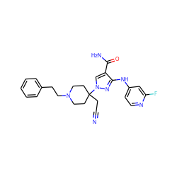 N#CCC1(n2cc(C(N)=O)c(Nc3ccnc(F)c3)n2)CCN(CCc2ccccc2)CC1 ZINC000222089594