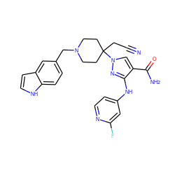 N#CCC1(n2cc(C(N)=O)c(Nc3ccnc(F)c3)n2)CCN(Cc2ccc3[nH]ccc3c2)CC1 ZINC000222087389