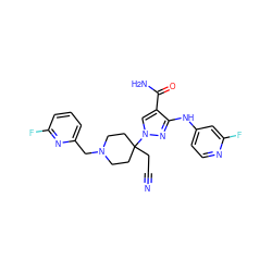 N#CCC1(n2cc(C(N)=O)c(Nc3ccnc(F)c3)n2)CCN(Cc2cccc(F)n2)CC1 ZINC000220975320