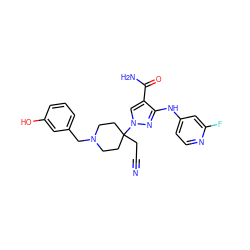 N#CCC1(n2cc(C(N)=O)c(Nc3ccnc(F)c3)n2)CCN(Cc2cccc(O)c2)CC1 ZINC000222089503