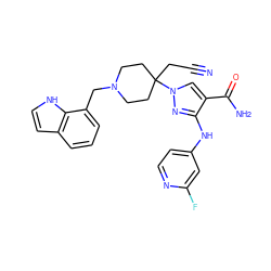 N#CCC1(n2cc(C(N)=O)c(Nc3ccnc(F)c3)n2)CCN(Cc2cccc3cc[nH]c23)CC1 ZINC000221005452