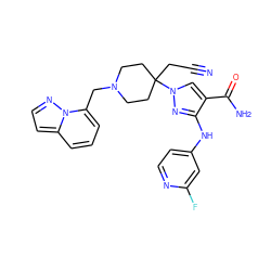 N#CCC1(n2cc(C(N)=O)c(Nc3ccnc(F)c3)n2)CCN(Cc2cccc3ccnn23)CC1 ZINC000220983811