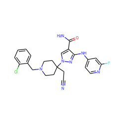 N#CCC1(n2cc(C(N)=O)c(Nc3ccnc(F)c3)n2)CCN(Cc2ccccc2Cl)CC1 ZINC000219261688